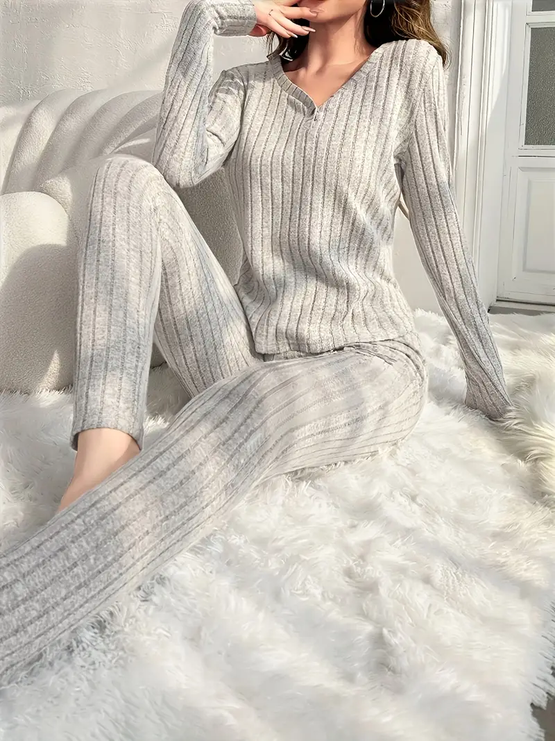 2pcs women s soft polyester pajama set - elegant -neck long sleeve nightgown & pants with vertical , cozy fall/winter sleepwear, machine washable set in neutral beige/gray tones for women, adult women s elegant sleepwear with button details & ribbed texture, relaxed fit for casual wear, 2pcs set with v-neck top and matching pants, short pajama sets women, plus size women pajama set, padded nightwear for women, women sleepwear set, Product details 1