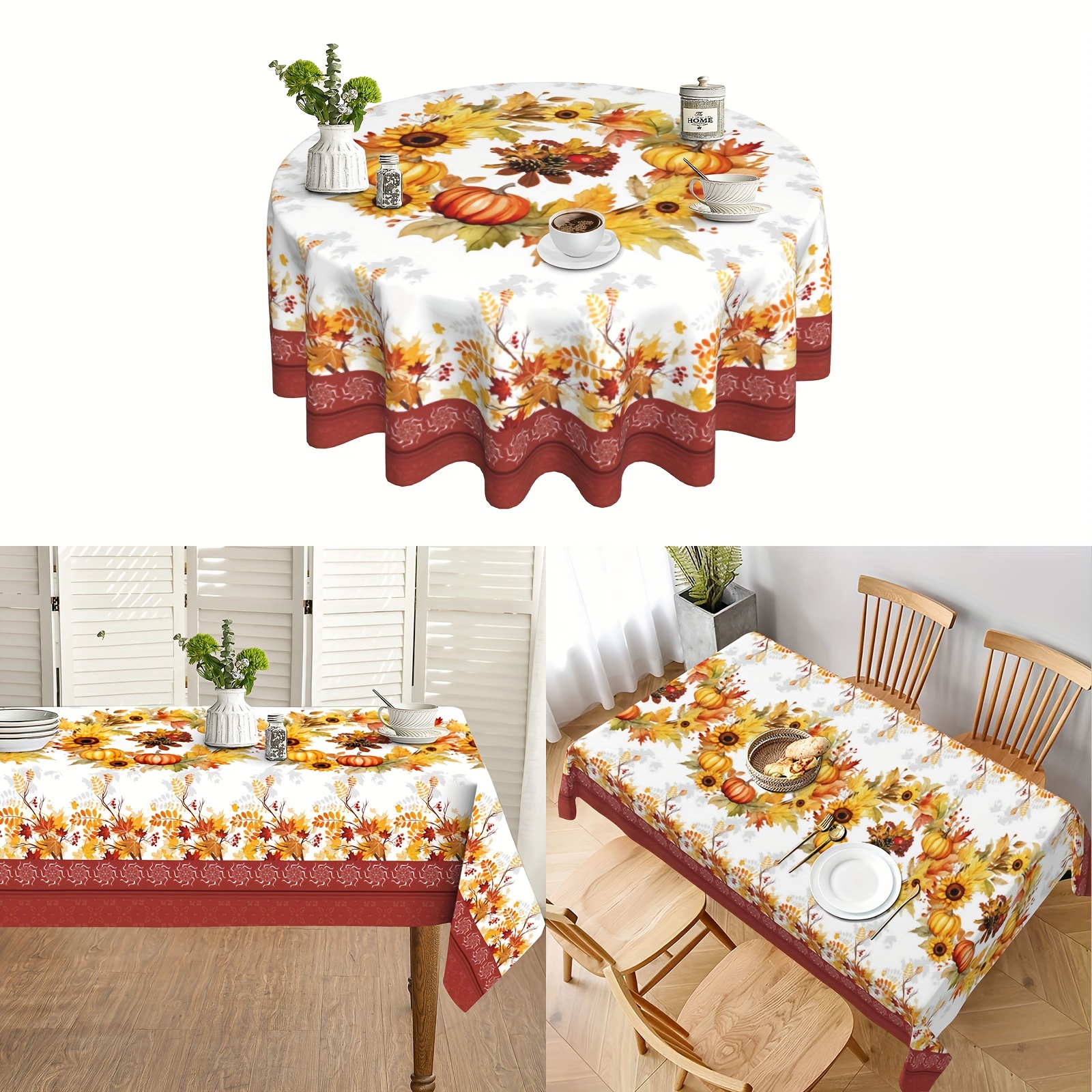 

Polyester Tablecloth - Rustic Farmhouse Pumpkin, Sunflower & Maple Leaf Design For Thanksgiving Dining & Picnic Decor