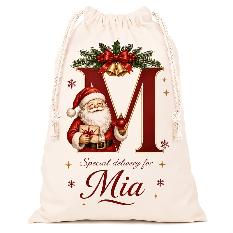 TEMU Personalized Monogram And Name Christmas Canvas Gift Bag, 26pcs Monogram Letters, Custom Large Size Santa Sack With Pattern Painting,
