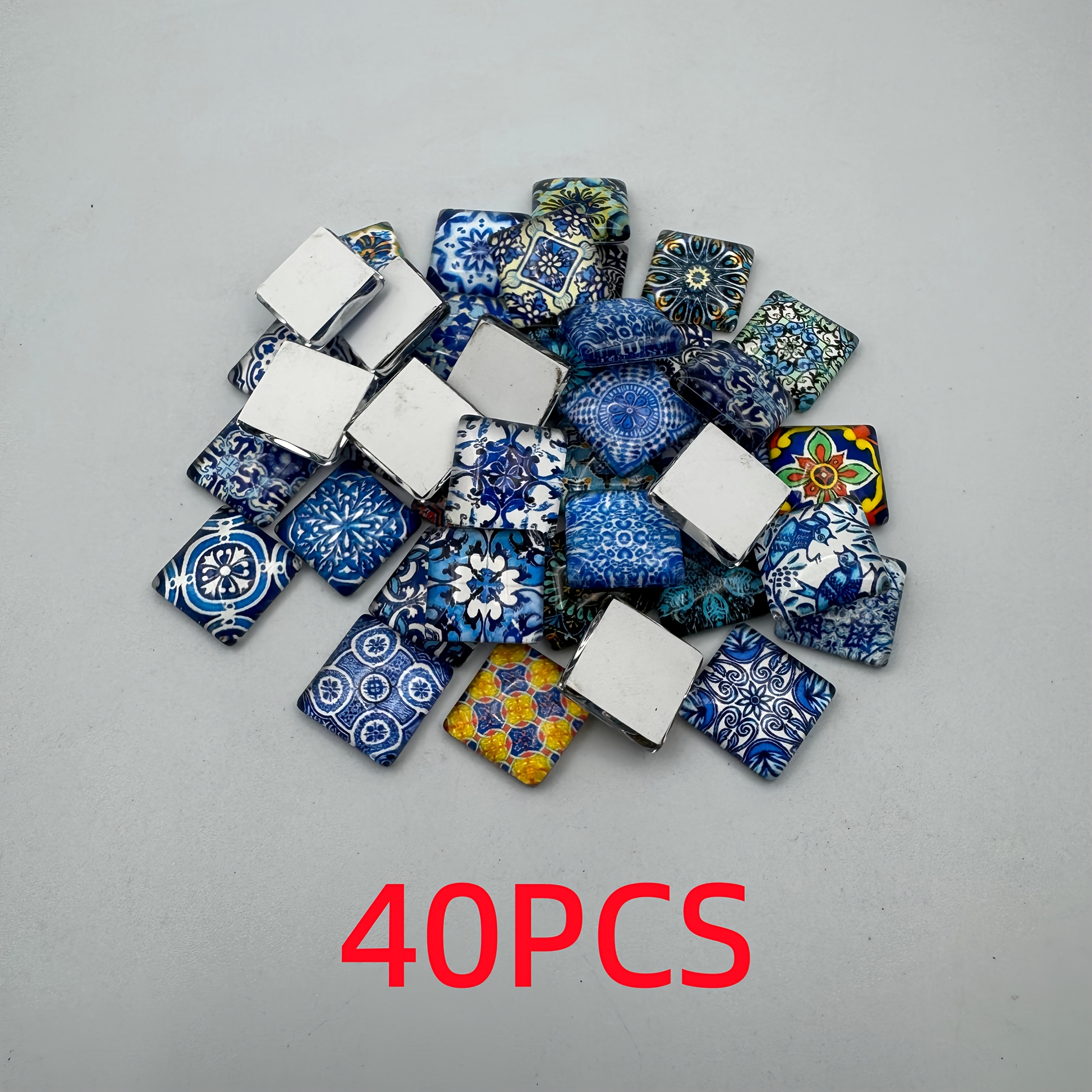 Image of Blue And White Porcelain Themed Pattern, Convex Glass Mosaic Tiles, Mixed Patterns, 40pcs
