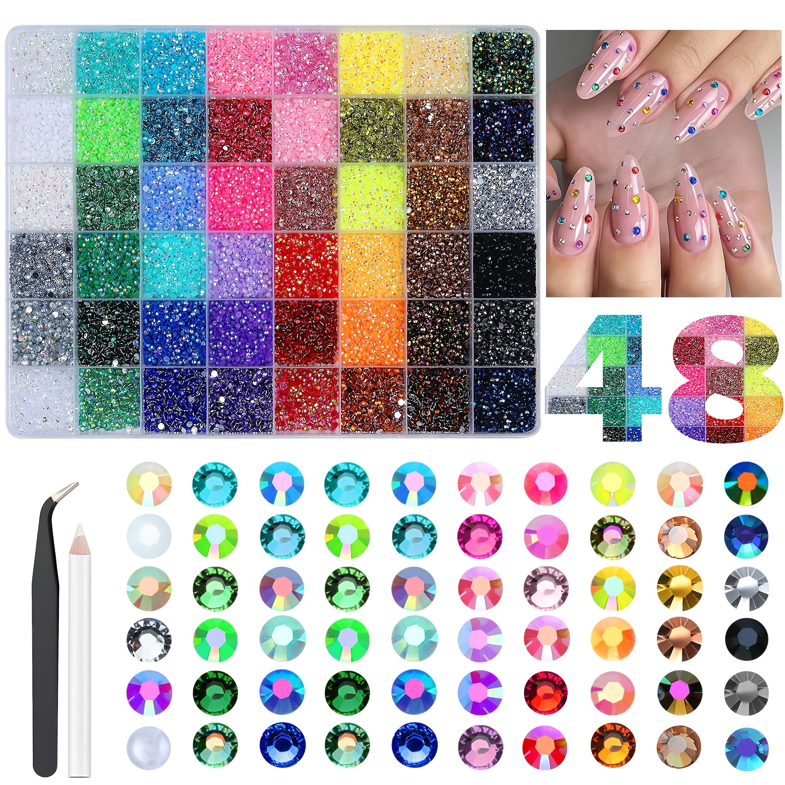 TEMU 40000pcs 48 Colors Rhinestones Bedazzling Kit With Tools, 3mm Colored Resin Rhinestones For Bedazzling, Flatback Resin Gems For Crafts, Kit For