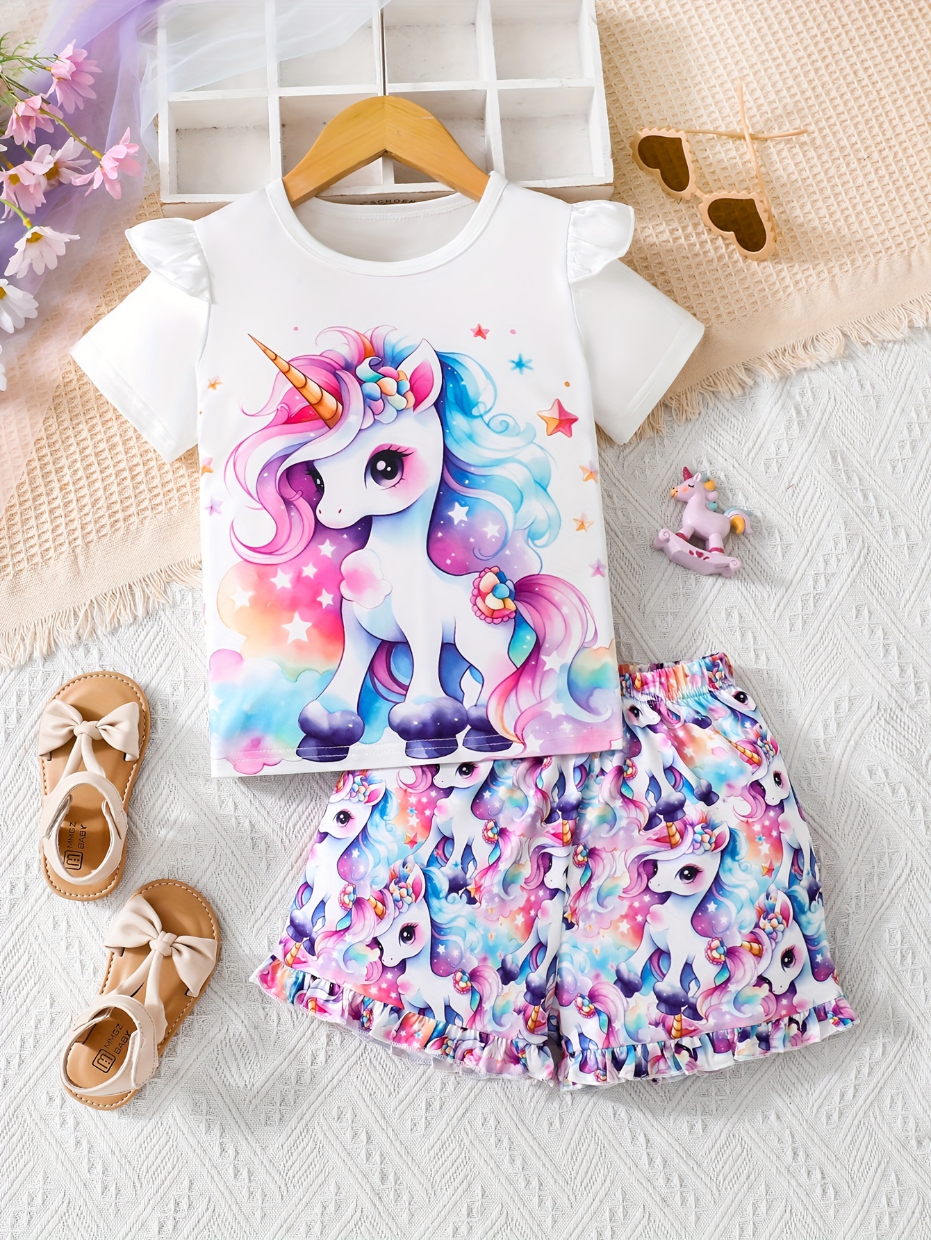 fashion unicorn graphic ruffle t shirt shorts girl's Temu Ireland