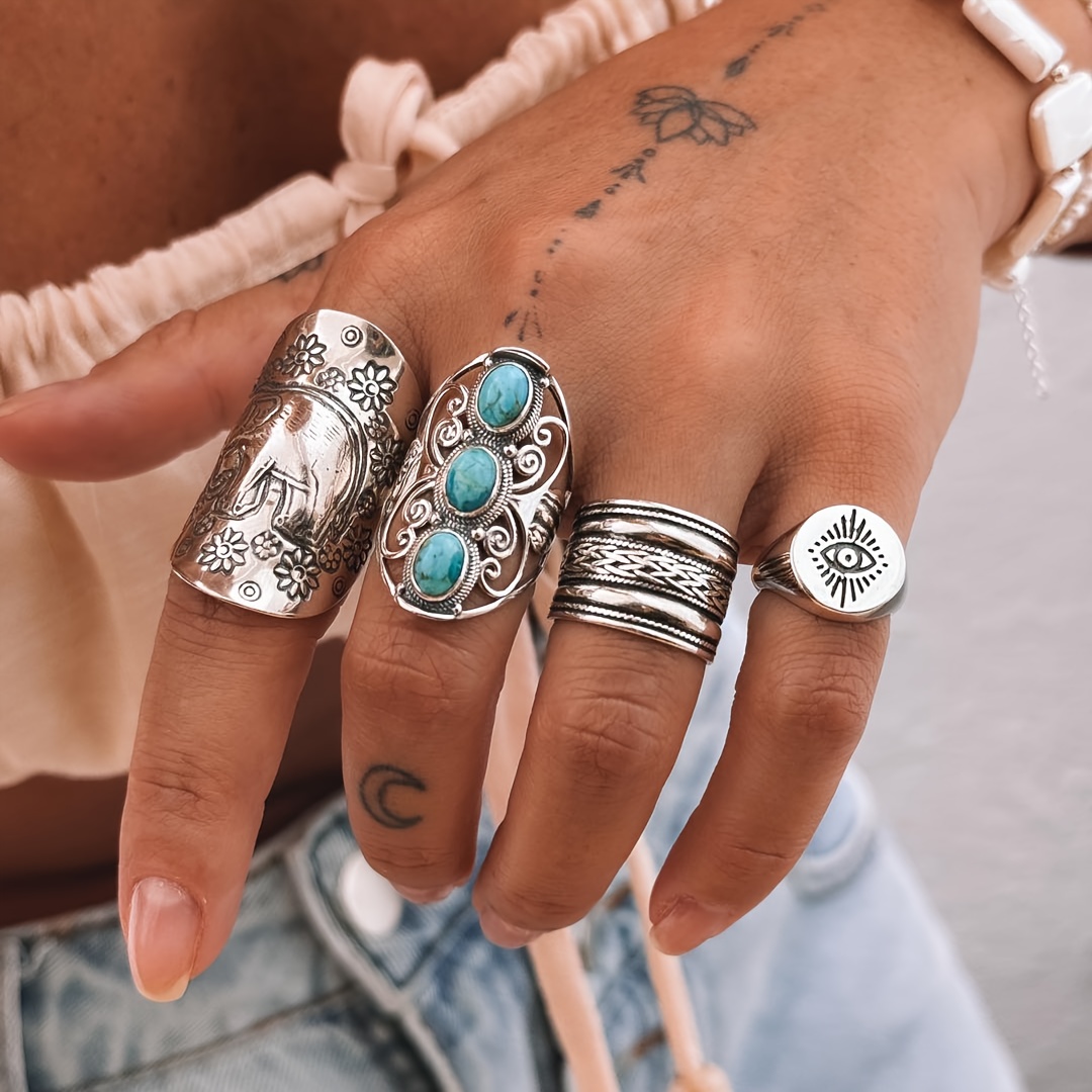 TEMU Juego de 4 anillos apilables de aleación con incrustaciones de , estilo retro, personalizados con ojos de elefante tallados, versión ancha de