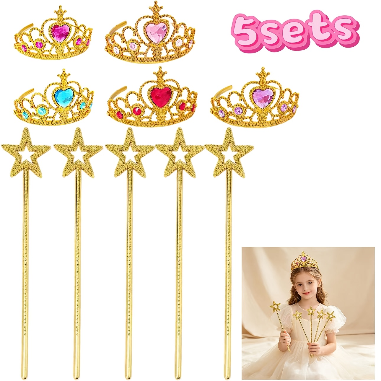 7 Sets Silvery Or 5 Sets Golden Star Wand And Heart Crown Set