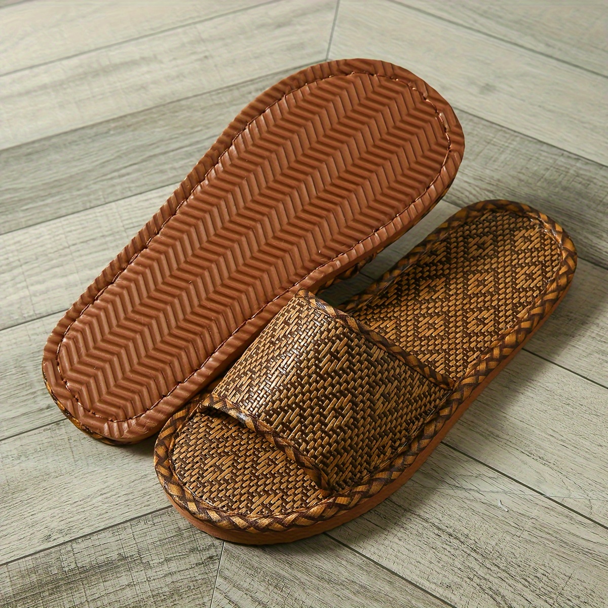 TEMU Summer Woven Slippers, Elegant Unisex Indoor Comfort Non-slip Breathable Rattan Straw Slides