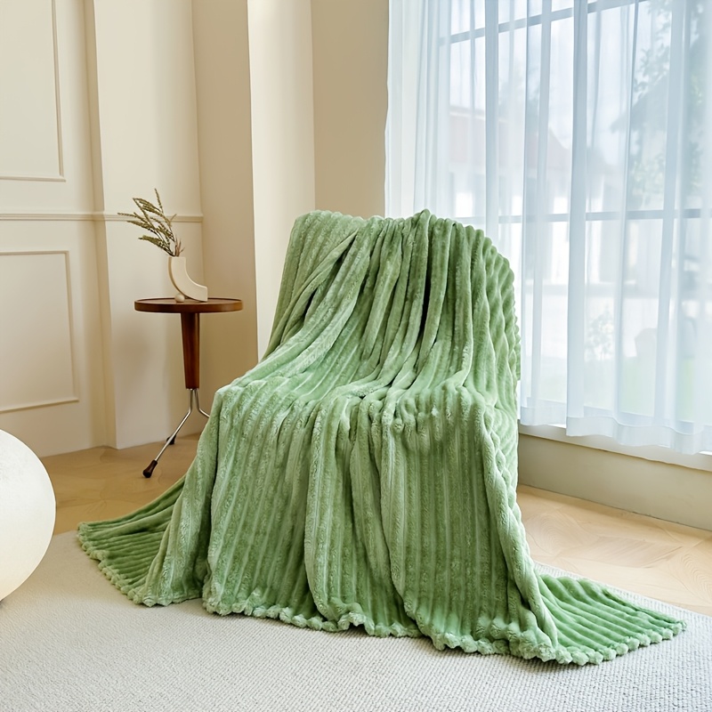 Image of Luxurious Double-sided Faux Rabbit Fur Throw Blanket - Cozy Striped Flannel, Soft And Warm For , Office, Camping, Sofa - Versatile Polyester Bed Cover, Perfect Christmas Gift