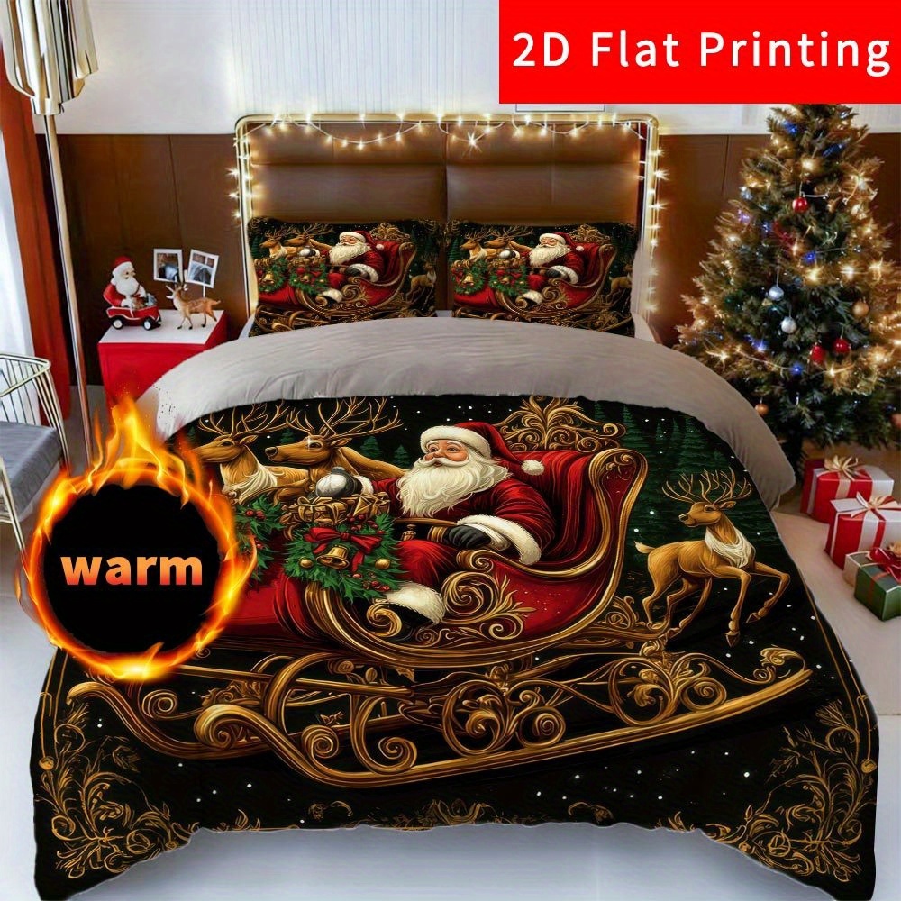 TEMU Latacaca 3pcs Santa Sleigh And Reindeer Pattern Comfortable Milk Velvet Bedding Set Santa Reindeer Bed Cover Set Of Festive Winter Milk Velvet