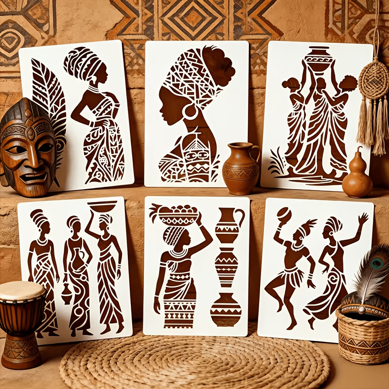 TEMU 6pcs African Tribal Woman Stencils - Reusable Pet Templates With Suitable For Walls, Canvas, Fabric Painting | Washable Diy Crafts, Tribal
