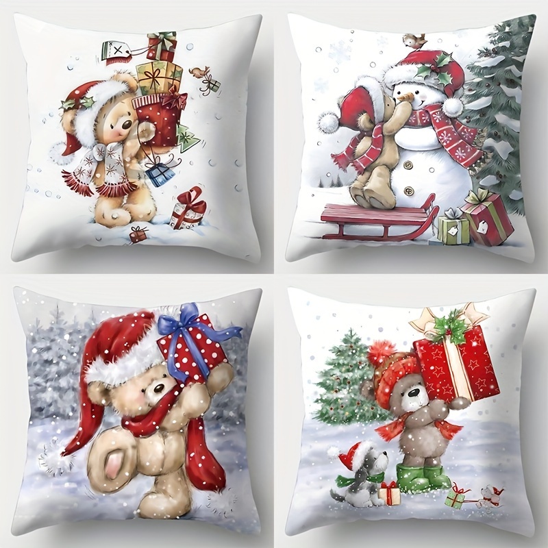 

Christmas Bear 4pcs Throw Pillow Cover Set - Contemporary Style, Hand Wash Only, Zip Closure, Polyester , Fits 17.7" Square Cushions (covers Only)