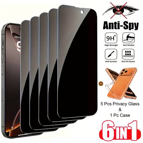5 stück panzerglas blickschutzfolie und 1 stück tpu transparente handyhülle für iphone 17 16 15 pro 16e 14 13 pro mini 11 xr x xs 8 plus se 2 3 vollständige abdeckung anti-spionage glänzende schutzfolie, hd , 9h härte