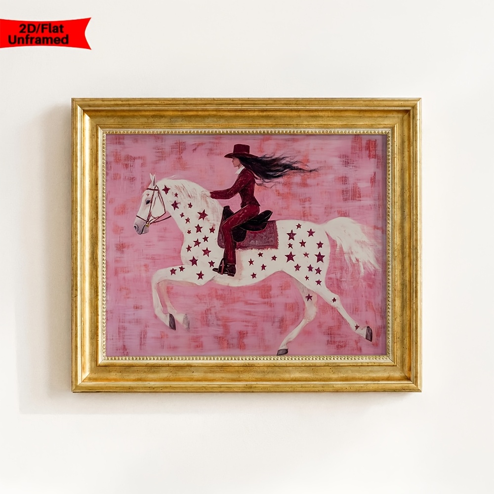 TEMU 2d Flat, Whimsical Wall Arts Star Pattern Horse Posters Riding Woman Canvas Prints Western Theme Wall Decor Canvas Art Print For Living Room
