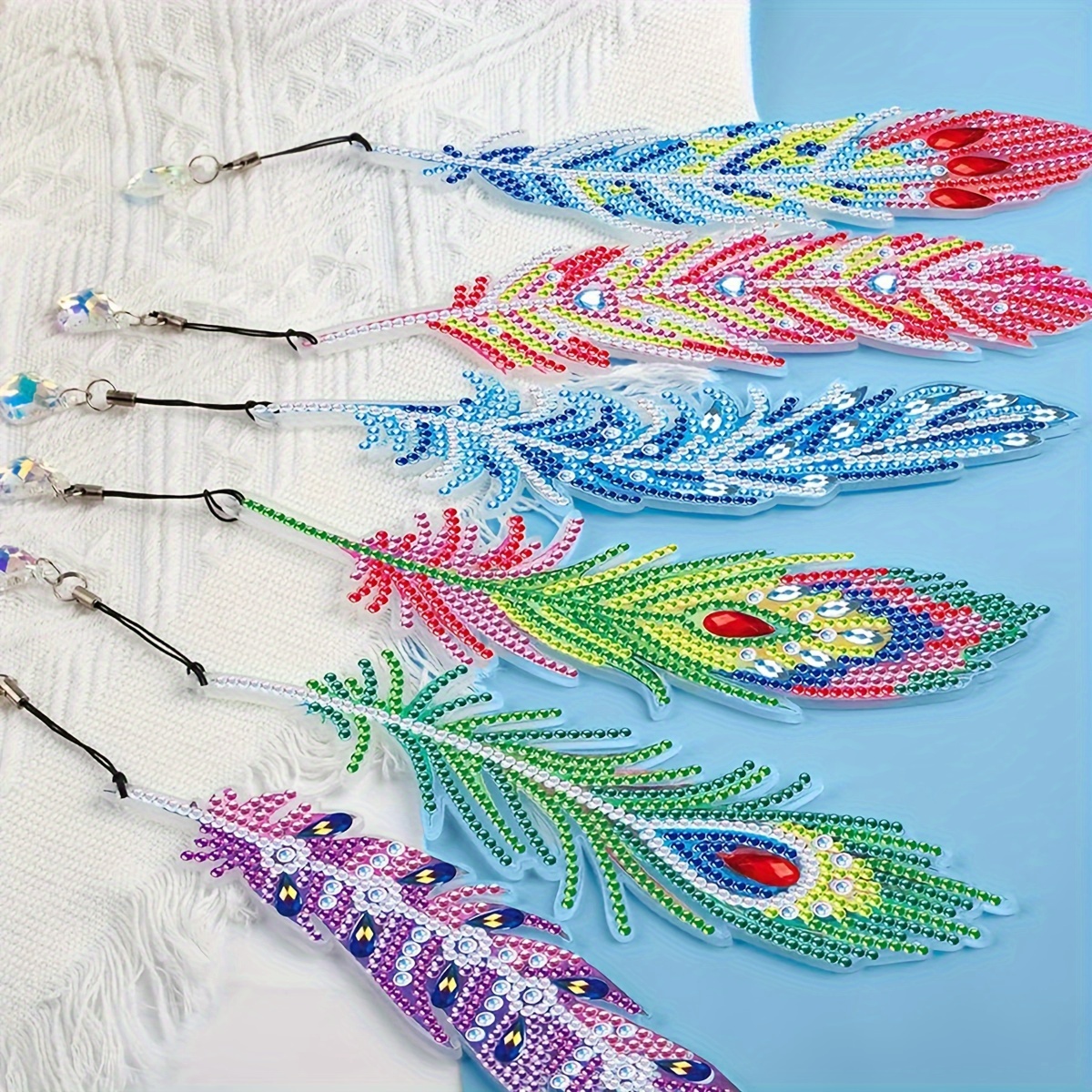 

6-pack Diamond Painting Bookmarks Diy Feather Shaped Art Kits With Crystal Pendants, Animal Themed Craft Set, Irregular Diamonds, Acrylic Material For Reading Enthusiasts & Personalized Gifts