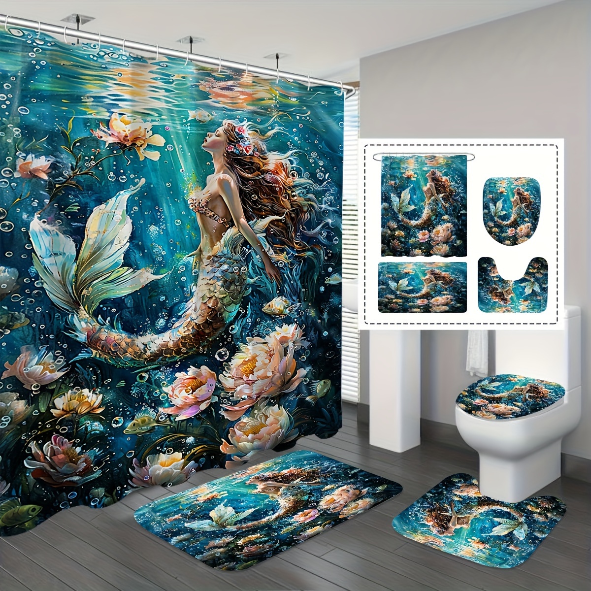 

: Underwater Bathroom Set - Includes , Shower Curtain, , U-shaped Mat, And Rug - For A Bath