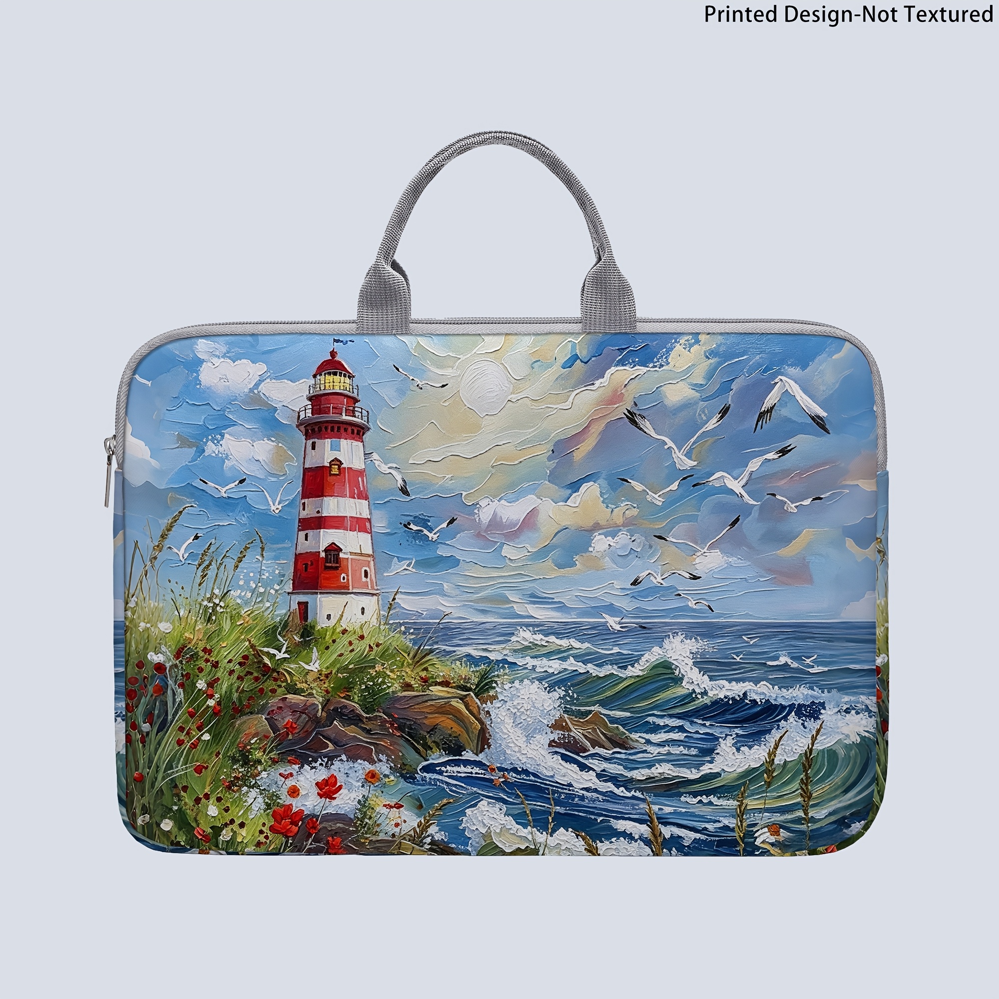 TEMU [printed Design-not Textured] 1 Laptop Bag, Seagull And Lighthouse Print Laptop Bag, Briefcase-style Fabric Bag, Fits 14-inch Laptops, Soft