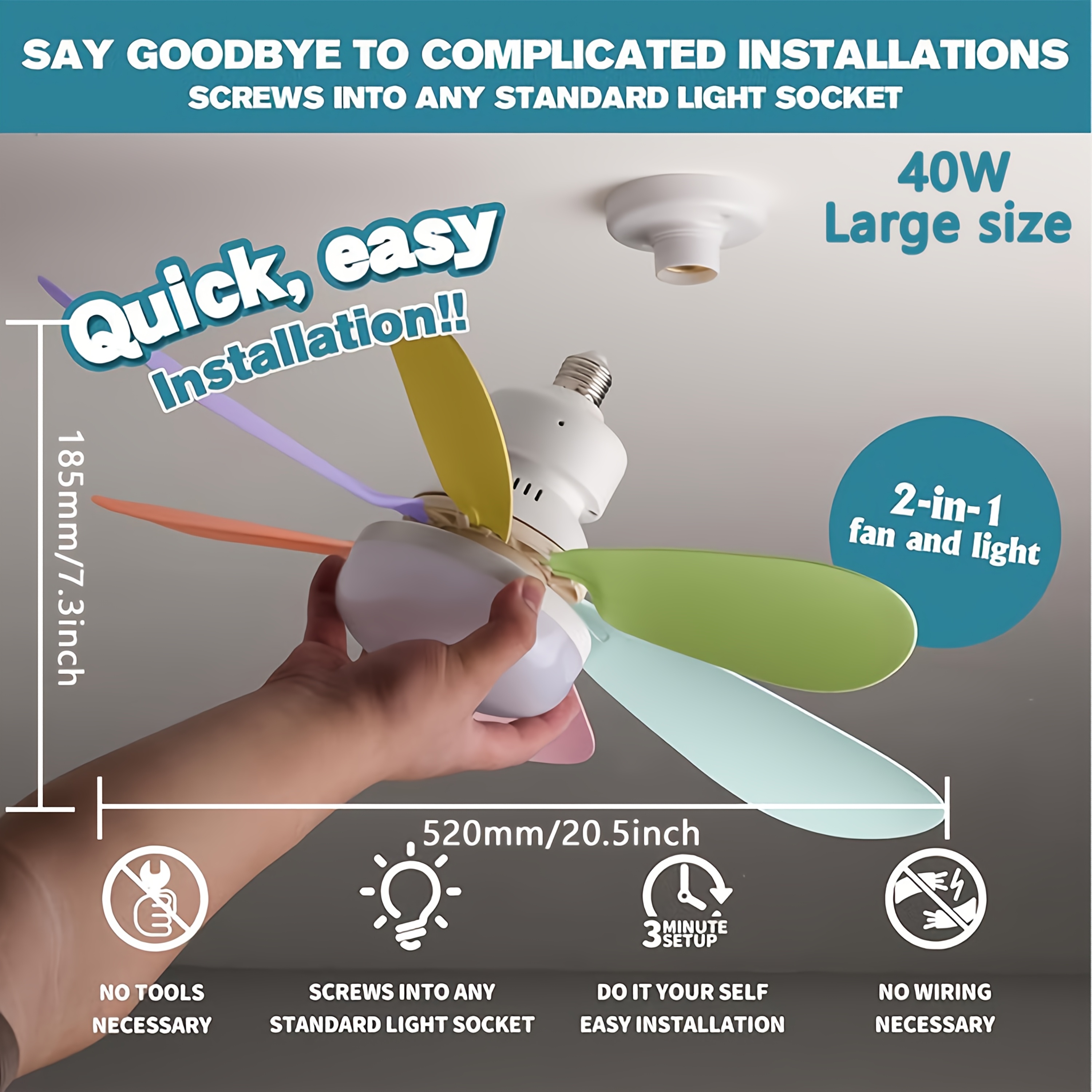 Ventilador de Techo con Luz y Control Remoto, Iluminación LED con Ventilador, 3 Velocidades de Flujo de Aire Silencioso y 3 Temperaturas de Color (3000K-4500K-6500K), Instalación Sin Herramientas + Temporizador, Ventilador de 6 Aspas E26/E27, Ideal para Dormitorio, Sala, Cocina, Garaje, Tiendas y