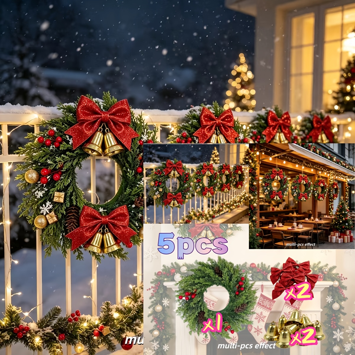TEMU 5pcs Exquisite Christmas Artificial Wreath Set, Includes Bells And Bows, Pre-christmas Door Window Wall Holiday Decor Ornaments, Realistic Pine