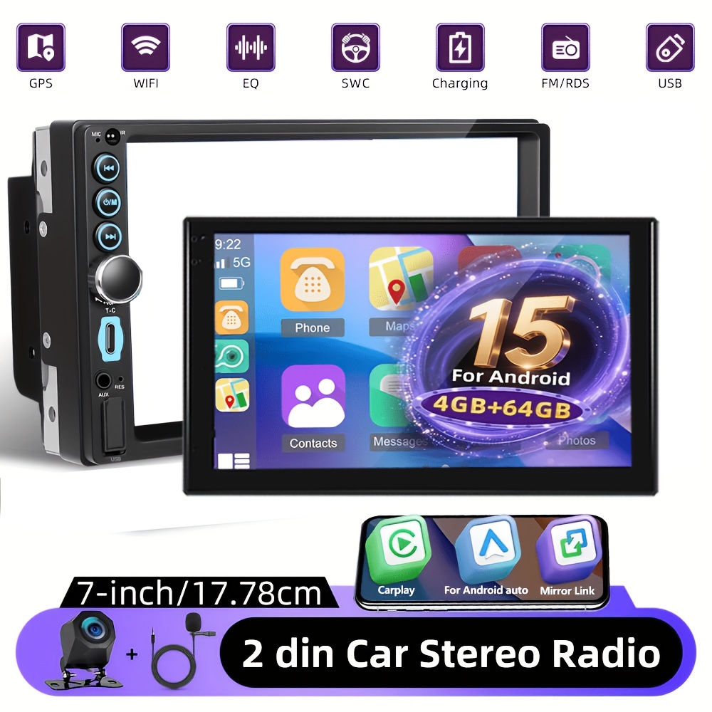 Image of 4gb (for ) And 64gb (rom) 15 Car Multimedia Player Car Stereo, 7-inch 2 Din Screen Radio With /wireless Auto/gps/wifi/fm/rds Radio/double Usb Port/type-c/reversing Camera And Microphone