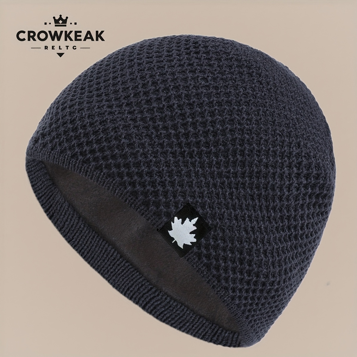 TEMU 1pc Maple Leaf Label Beanie, With Plush -lined Thickened Interior For Autumn/, Comfortable And Warm Skull Cap, Winter Ski Hat, Papa Trucker Hat,