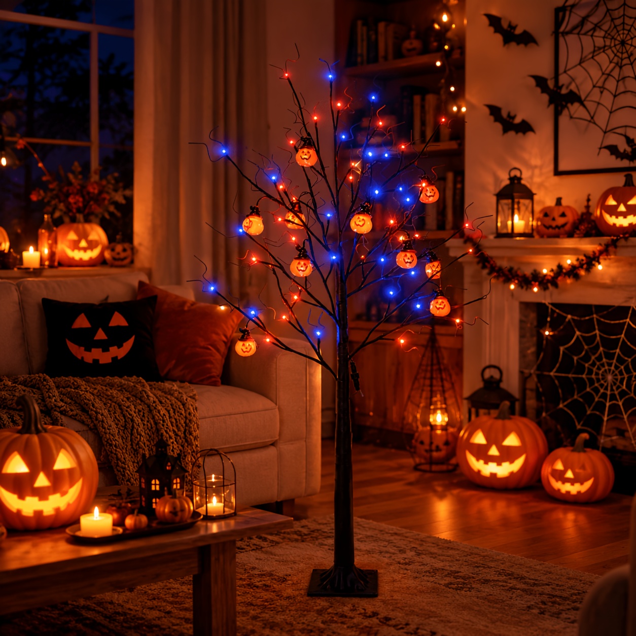 TEMU 1pc Smart Led Light, Red And Blue Lighted Halloween Artificial Tree With Pumpkin Ornaments, Decorative Led Tree, Light Up Tree And Indoor