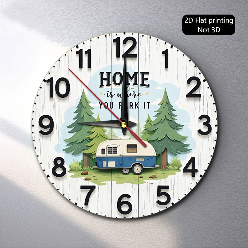 TEMU 1pc & Pine Tree Wall Clock - Rustic Round Wood With Retro Van Design, Artificial Wood Suitable For Living Room, Bedroom, Kitchen, Rv, Office