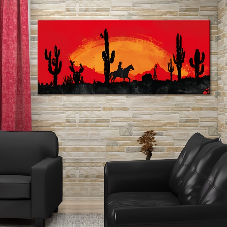 

Red Sunset Cowboy Canvas Art - Unframed Western Desert & Cactus Wall Decor For Living Room, Bedroom, Office - Modern Southwest Landscape Poster