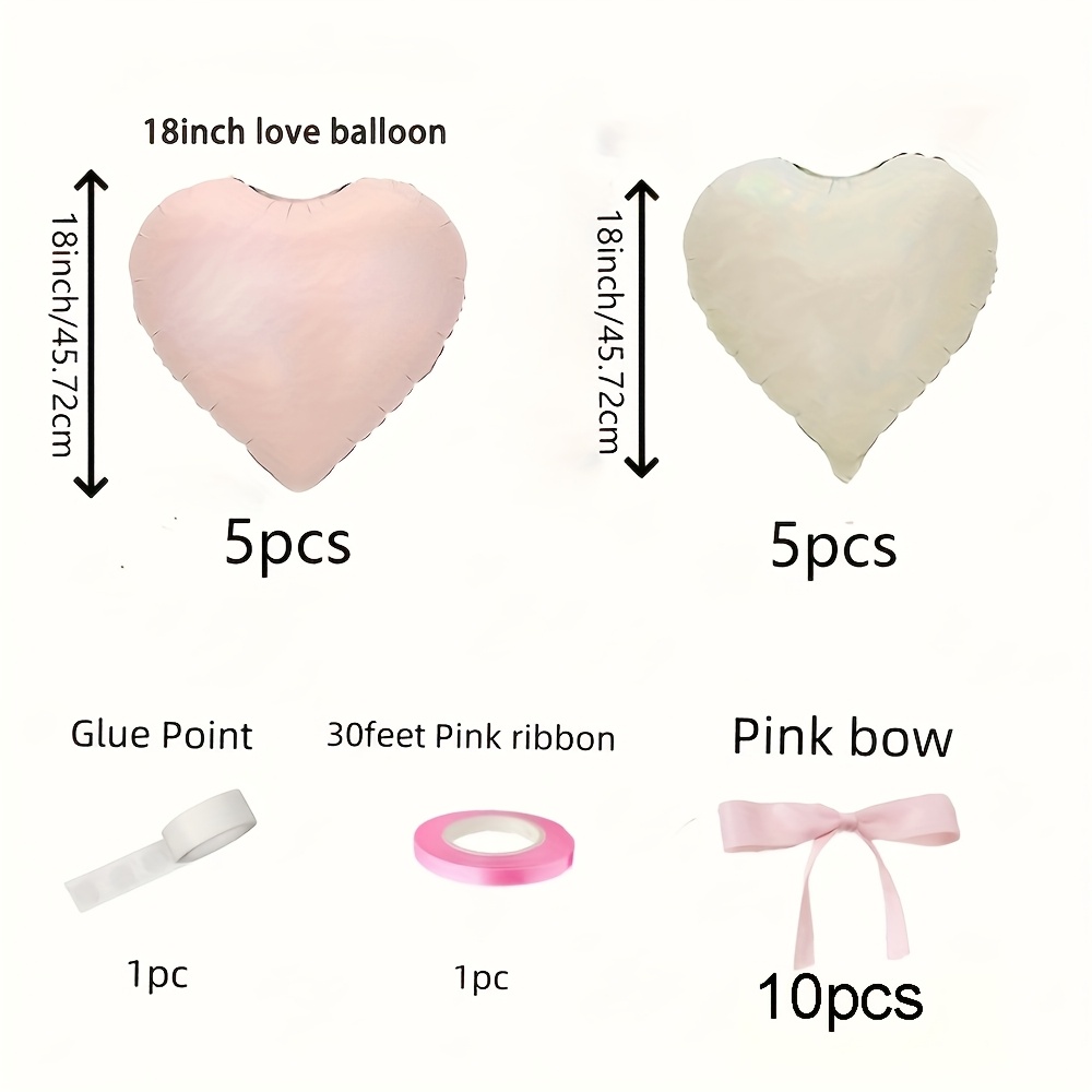 22pcs 18-inch Pink White Heart Aluminum Foil Balloons With Pink Bow Set For Camping Party Decorations, Gathering Party Supplies, Wedding Birthday Party Decor