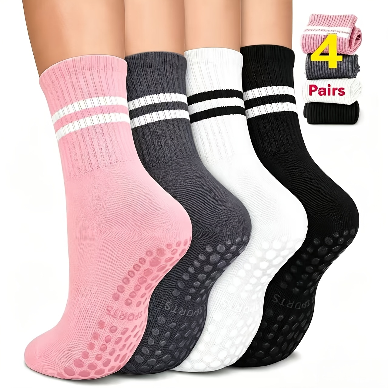 TEMU 4 Grip Socken für Damen, Yoga Socken, Rutschfeste Socken, Socken, Tanz Socken, Ballett Socken, Geeignet für Fußlängen von 8,86 bis 24,0 cm