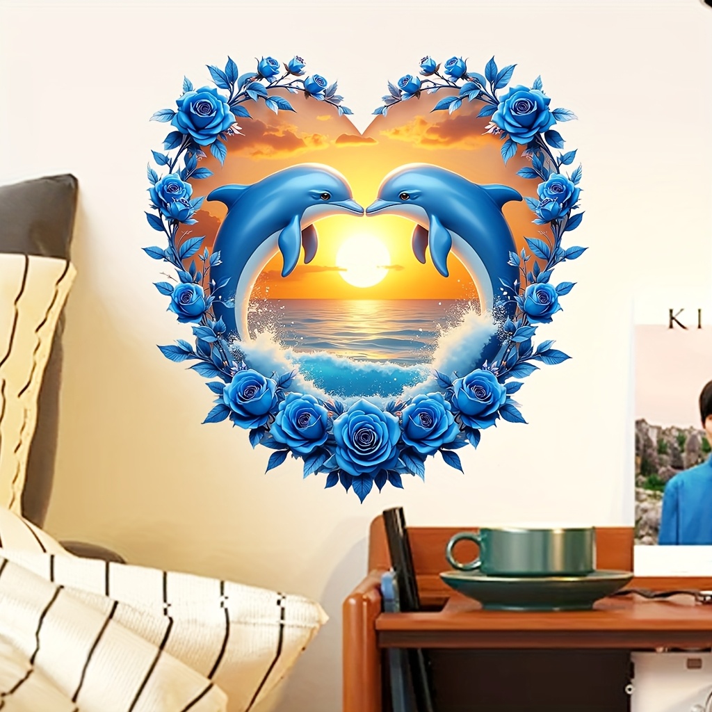 1pc Blue Heart Dolphin Wall Decal - Contemporary Vinyl Self-adhesive Decor For Living Room & Bedroom, Reusable Ocean-themed Wall Art With Sunset & Waves, , Dolphin Decor