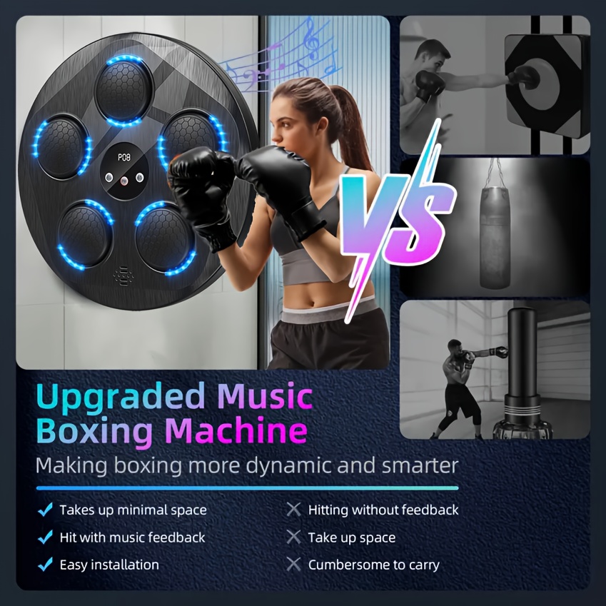 Music boxing machine with a woman wearing boxing gloves and a punching bag, featuring text about the product's features.
