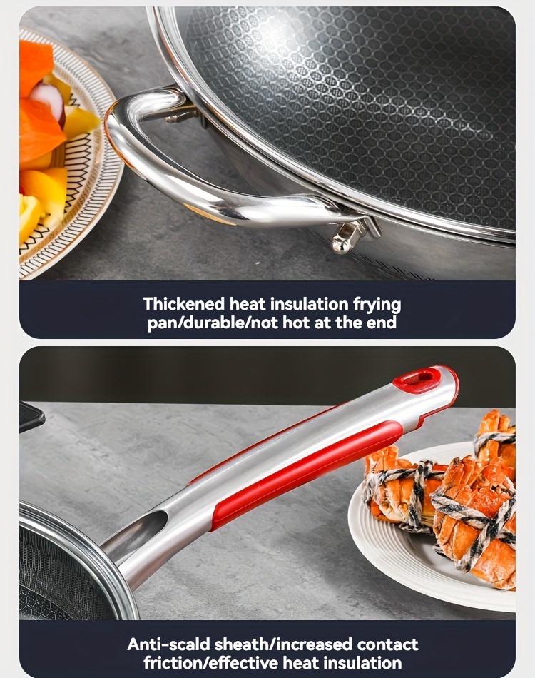 1pc honeycomb non stick stainless steel wok with glass lid 316 full screen anti scratch vertical pot cover dual anti stick shovels scratch resistant kitchen cooking tool for gas induction cookers details 21