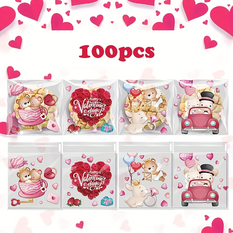 

-pack Valentine's Day Self-adhesive Opp Bags, Transparent Heart-shaped Plastic Packaging Pouches, Assorted Candy Bags For Holiday Gifts