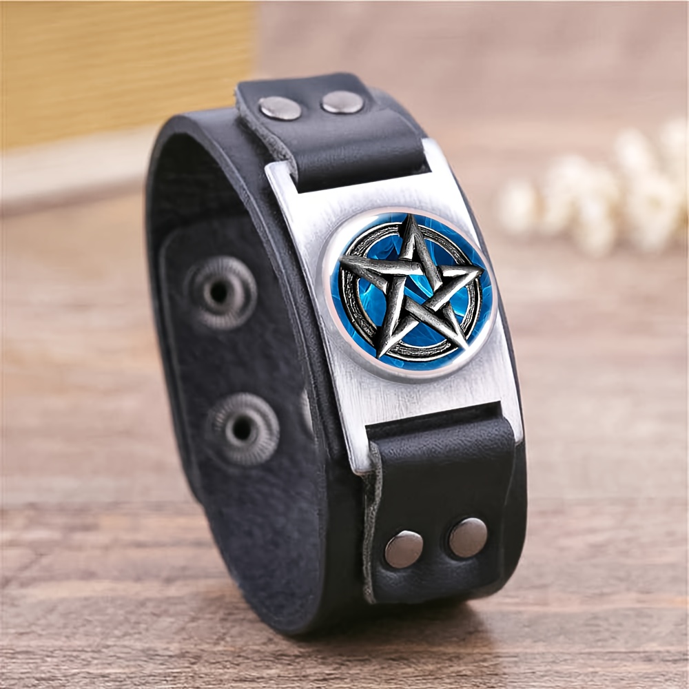 Black Faux Leather Unisex Bracelet with Colored Glass Base