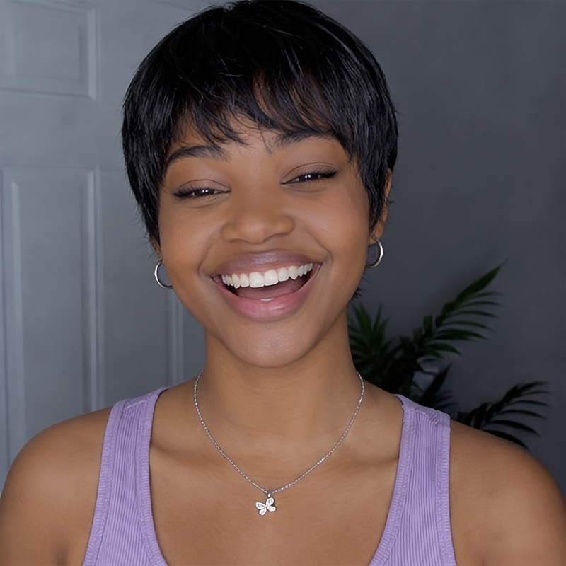 Image of Human Hair Cut Wig With Bangs 6 Inch Straight Layered Black Hair Short Wigs For Daily Wear & Cosplay & Parties & Music Festival
