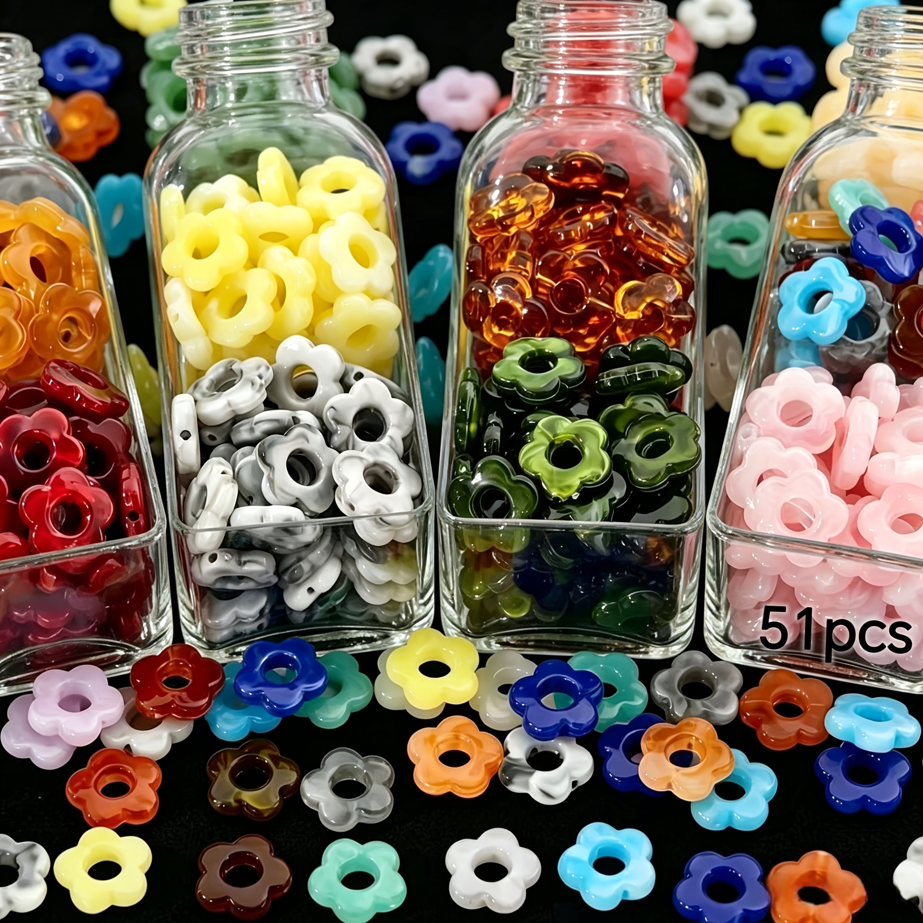 TEMU 51pcs 14mm Vintage Acrylic Five-petal Flower Large-hole Beads For Diy Handmade Woven Necklaces, Bracelets, Earrings, Phone Charms, And Bag