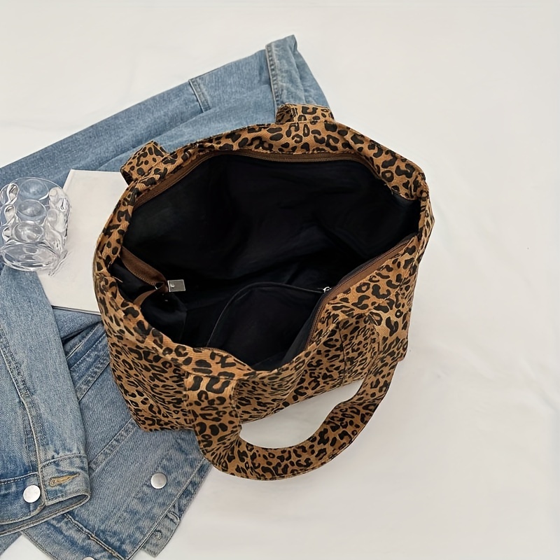 chic leopard print canvas tote bag for women spacious shoulder handbag with zip closure nylon lined details 5