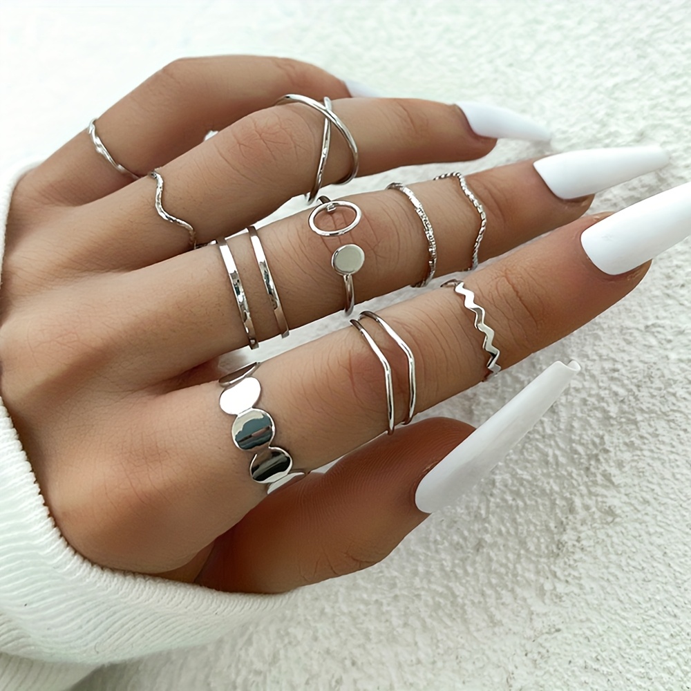 E-shop 10er-Pack Stapelbarer Ring Set Retro Elegant Mode Hop Dünner Ring Knöchelring Geometrischer Ring Glatter Ring Set