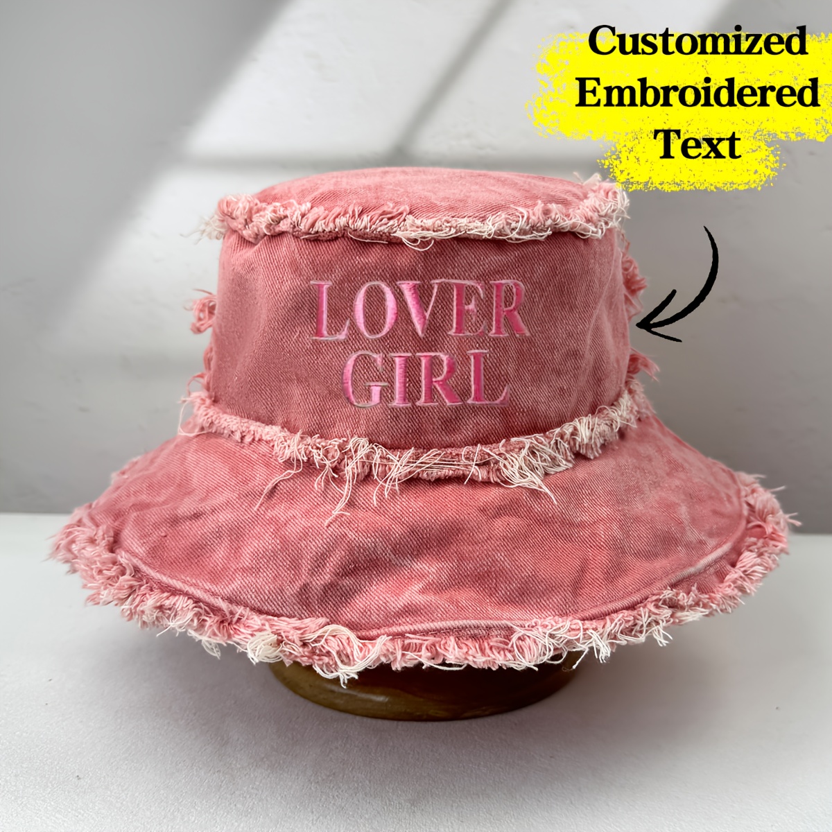 TEMU 1 Custom Embroidered Text Bucket Hat, Edge Fishing Cap With Distressed Style Personalized Camping Hats