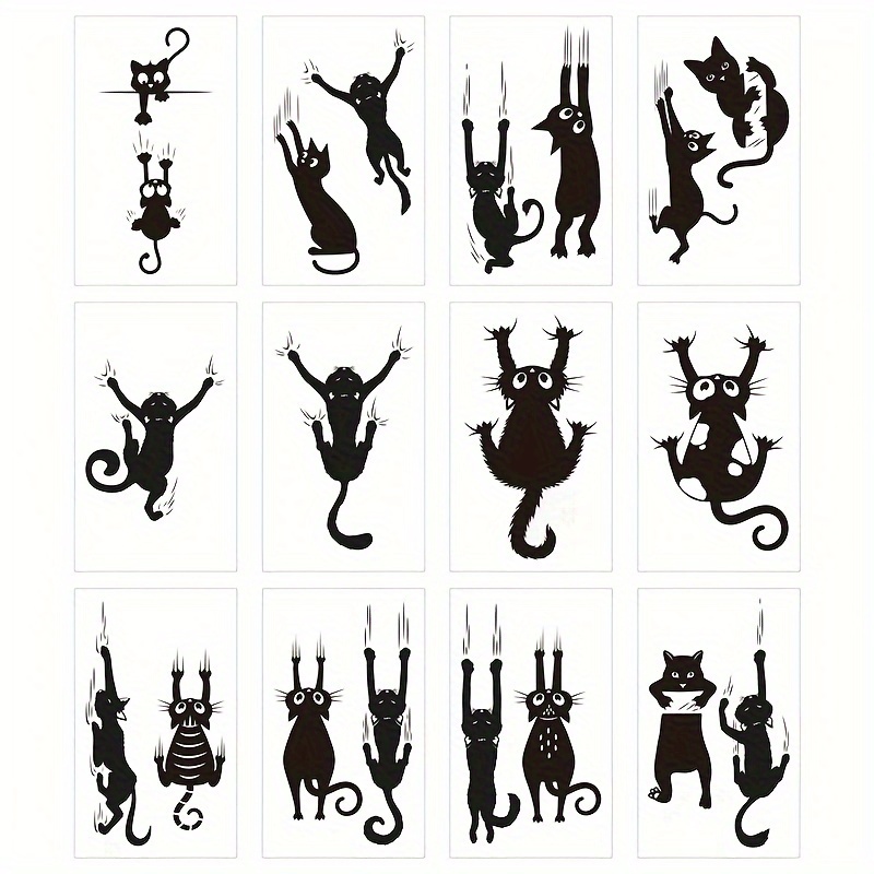 

12-pack Black Cat Clawing Wall Temporary Tattoos, Waterproof Long-lasting Fake Tattoo Stickers, Body Art Decor For Cat-themed Birthday Parties And Gifts, Oblong Shape