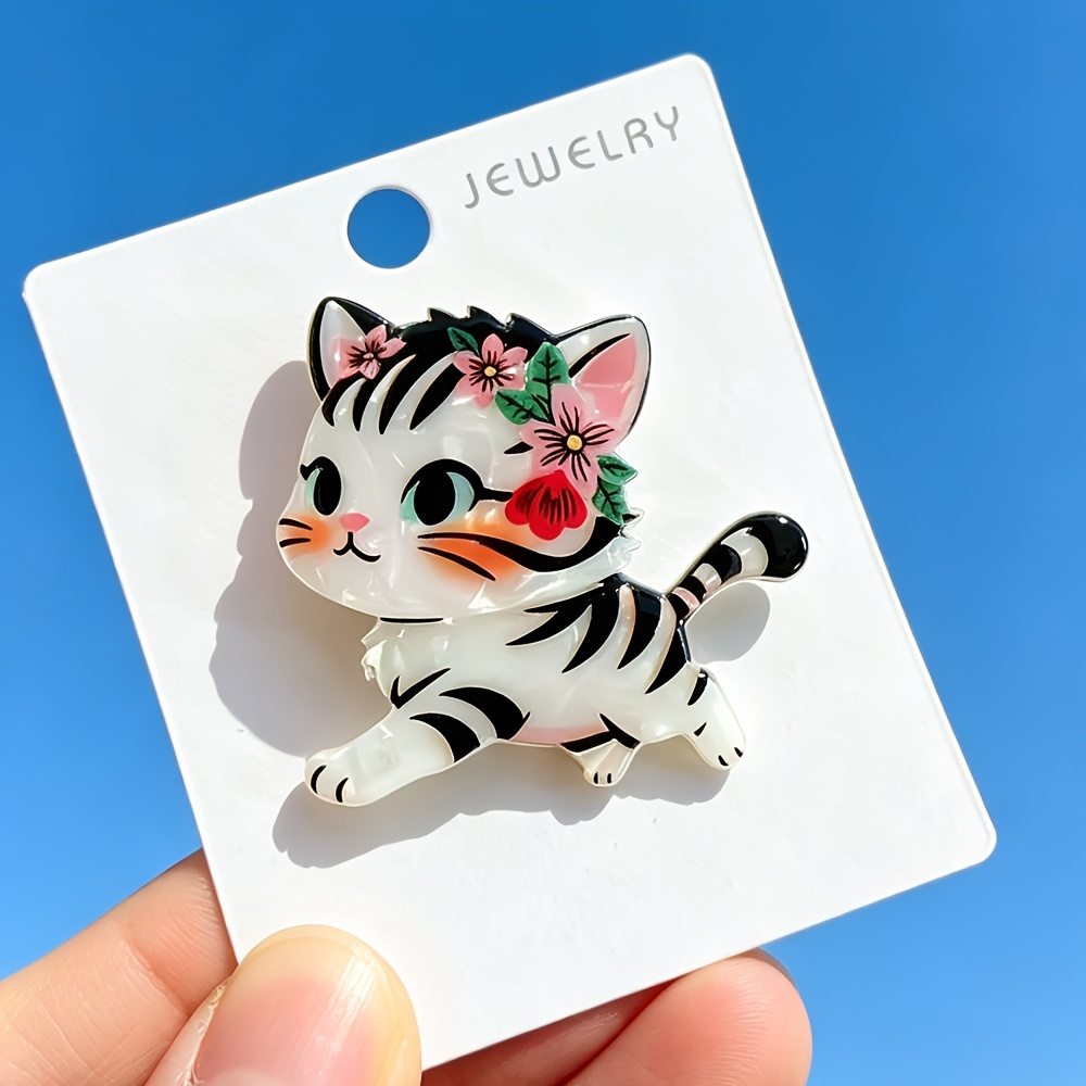 TEMU 1pc Cute Flower Tabby Kitten Brooch, 4 Styles Available, Cartoon Cat Acrylic Pin, Best Friend Gift, Bag And Clothing Decorative Pin, Versatile