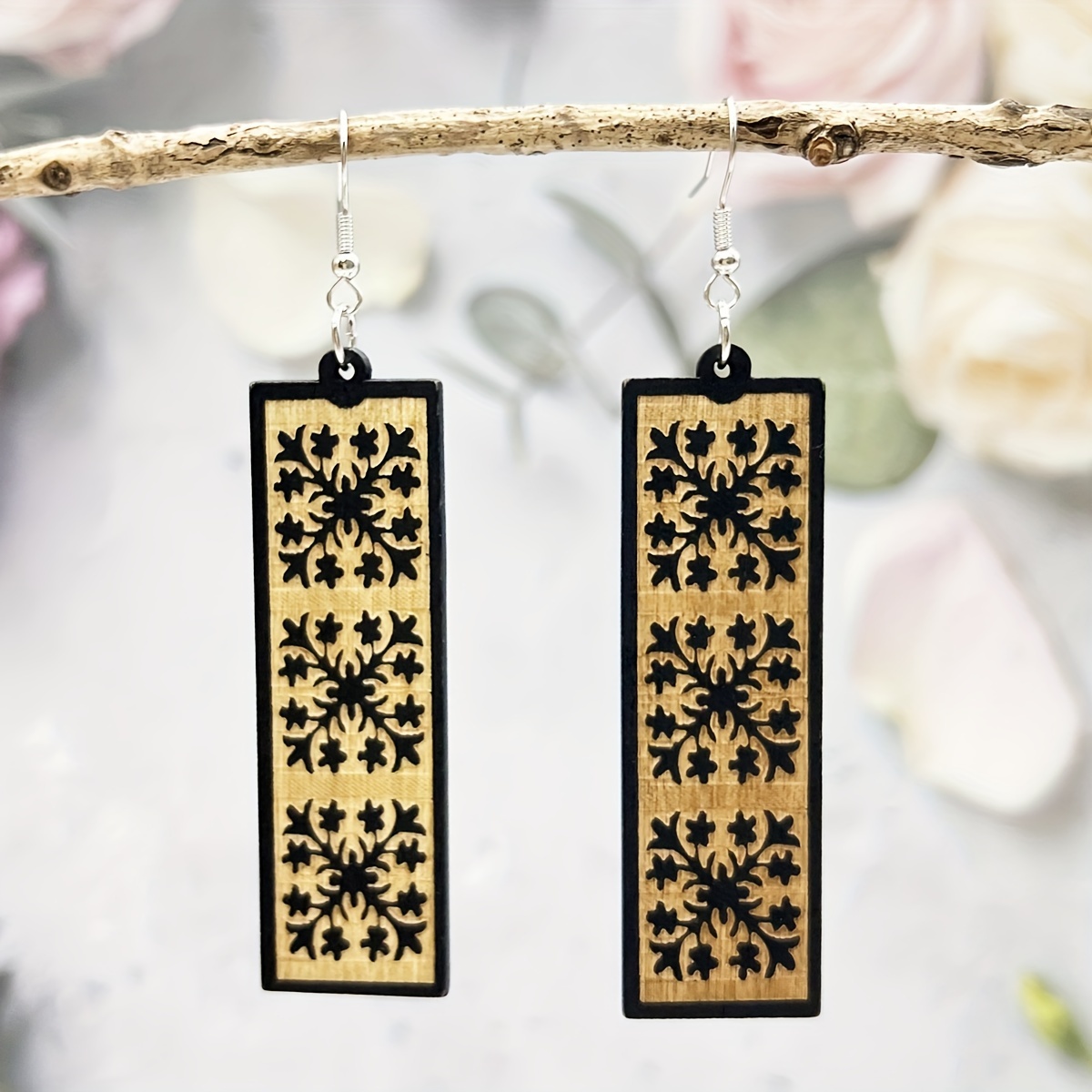Boho Wooden Earrings Set, Vacation Style Long Carved Exaggerated Earrings