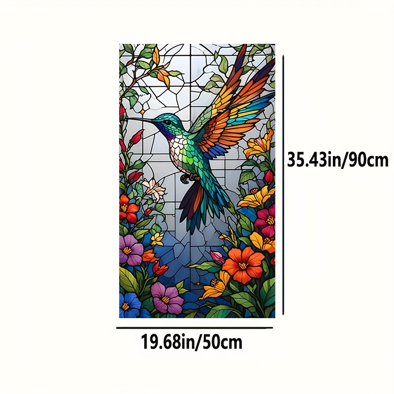 TEMU Vintage Hummingbird And Floral Pattern Pvc Window Film, Static Cling Privacy Decorative Glass Covering, Stained Glass Effect Film For Kitchen And Living Room Home Decor, 6mil Thickness