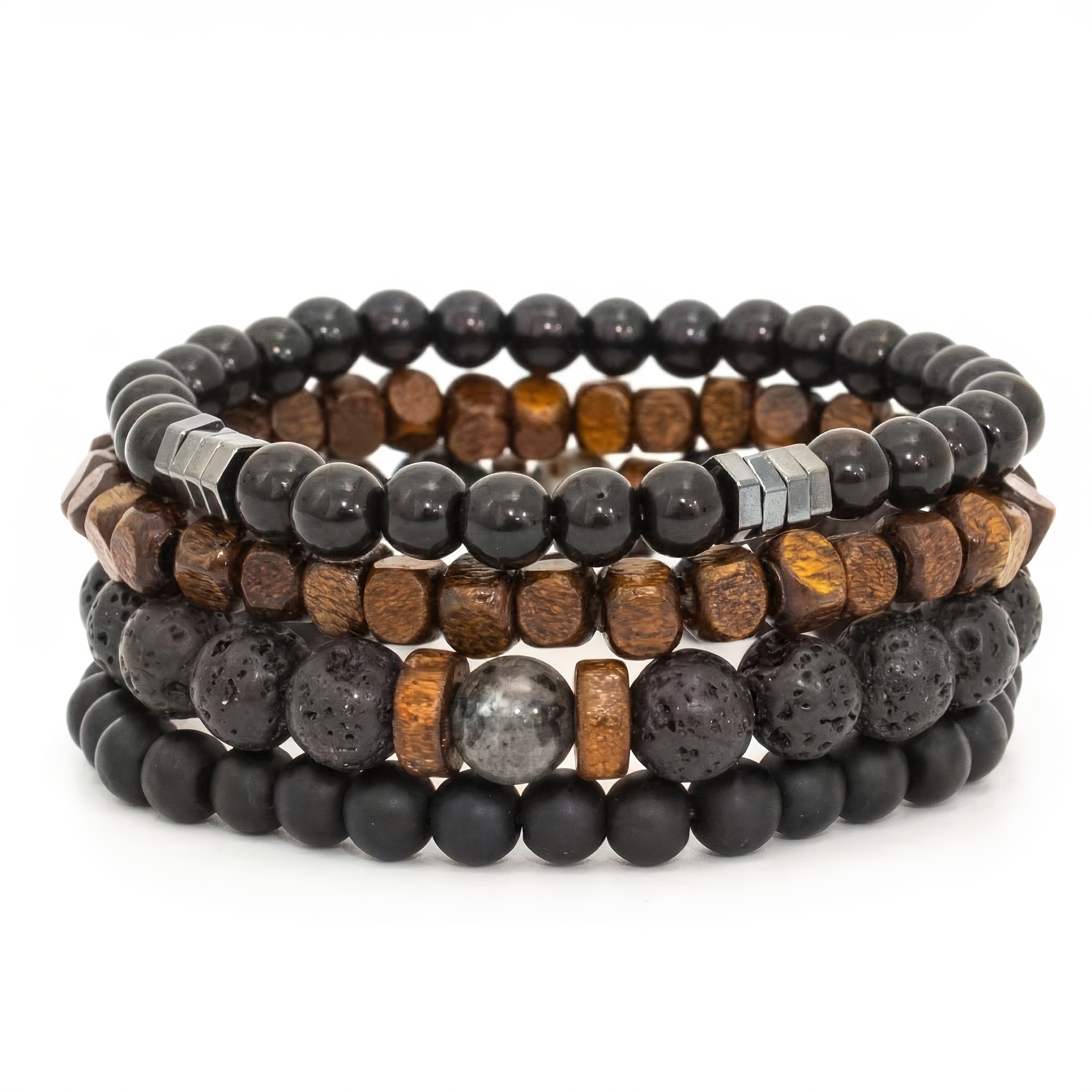 Image of Set Of 4 Stylish Bracelets Made Of Wooden Beads And Natural Stones, Featuring Of Glossy And Matte Black Beads, Ideal For Casual Wear, Handmade Jewelry For Men, Great Gift For Fathers And