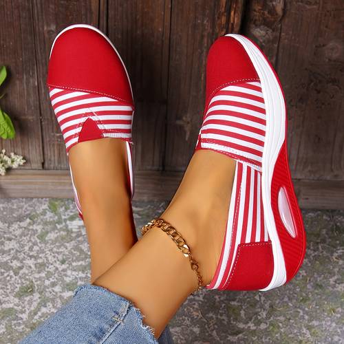 womens lightweight slip on sneakers breathable canvas with red white striped design comfortable low top casual season wear ladies sneakers