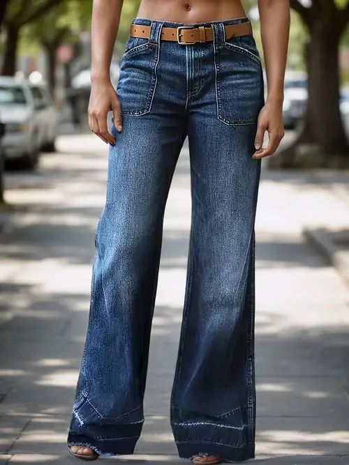 trend of 2025 casual wide leg jeans womens waist flares with pockets are a long design of pants for