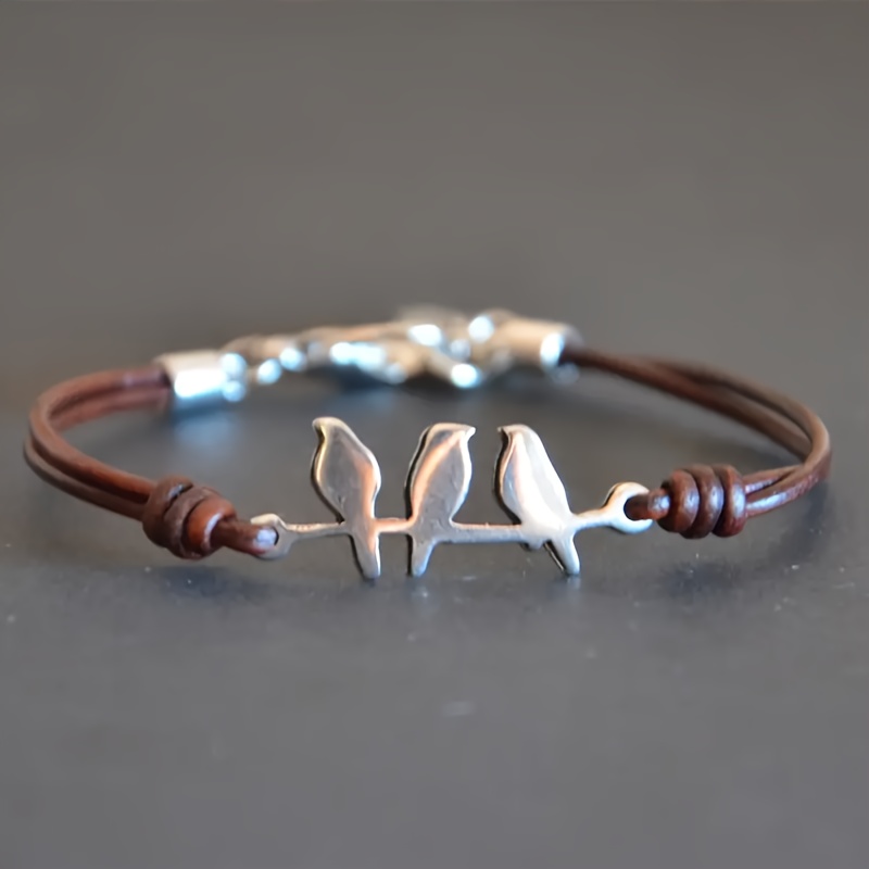 

1pc Leather Rope Bracelet With Birds Style, Retro And 's And Women' Hand Jewelry