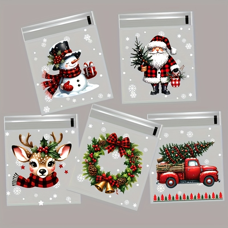 50/100 stück weihnachtsgeschenkverpackungsbeutel mit schneeflocken, santa claus und stechpalmen-druck – selbstklebende verpackungstüten für weihnachtsdekoration und geschenke 10*10+3 cm