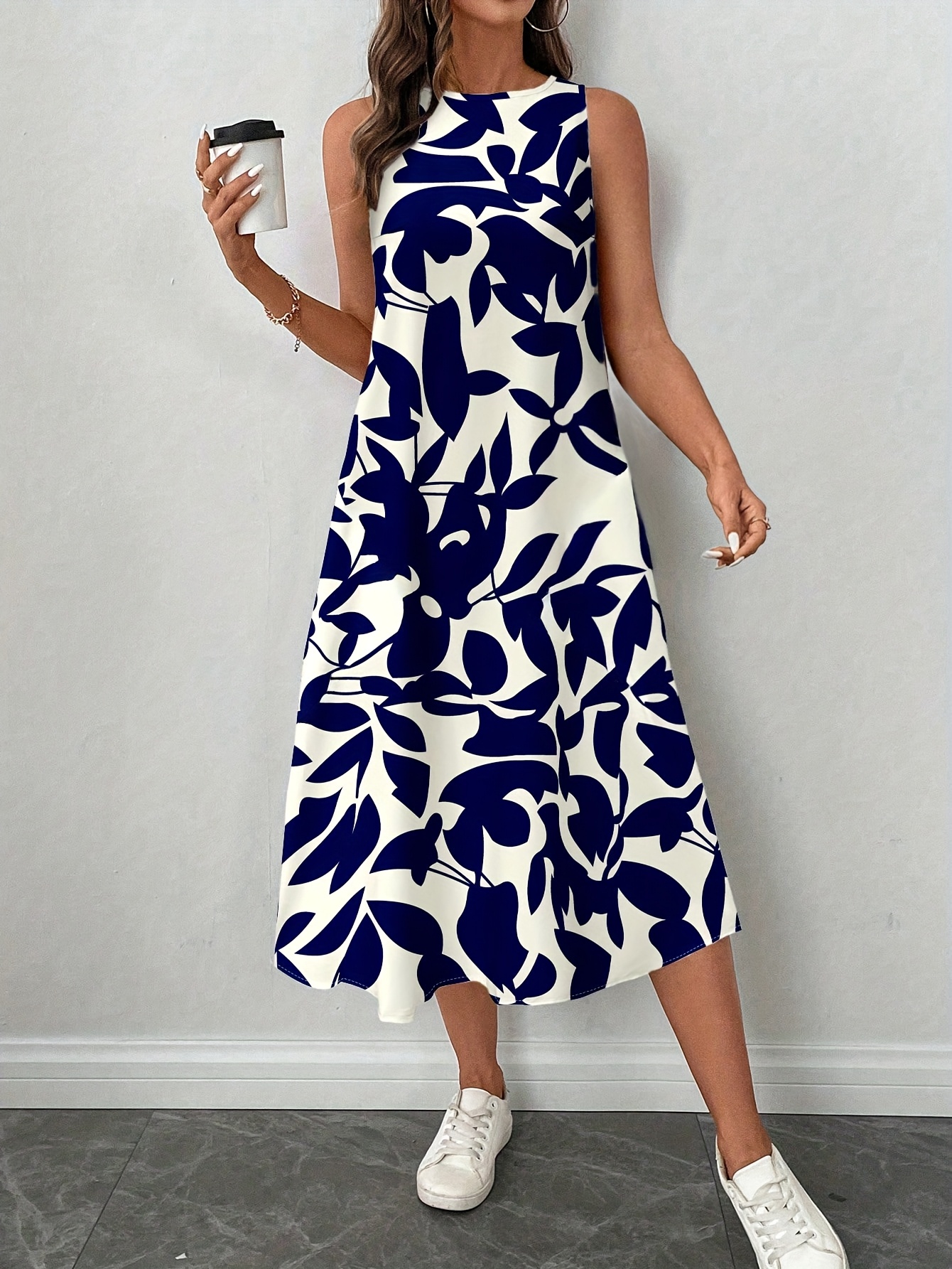 womens elegant floral print sleeveless dress casual summer style round neck lightweight polyester   casual attire   dress floral print dress lightweight dress