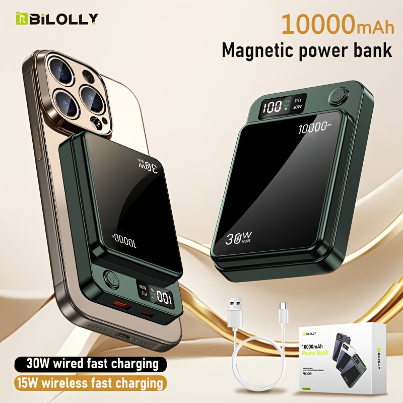 TEMU Magnetic Wireless Charging Power Bank, 10000mah Battery 30w Pd Fast Charging Power Bank, 15w Fast Wireless Charging, 2 Outputs And Dual Input