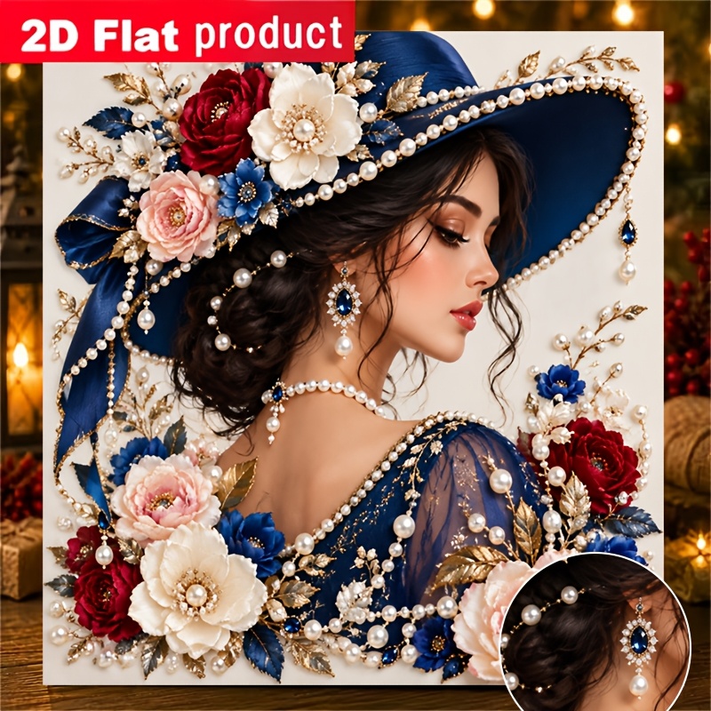 TEMU Nouveau Kit de Peinture Diamant Perle Colorée, Profil de Femme Rétro Élégant avec Chapeau Bleu et Décorations de Perles Florales, Convient aux