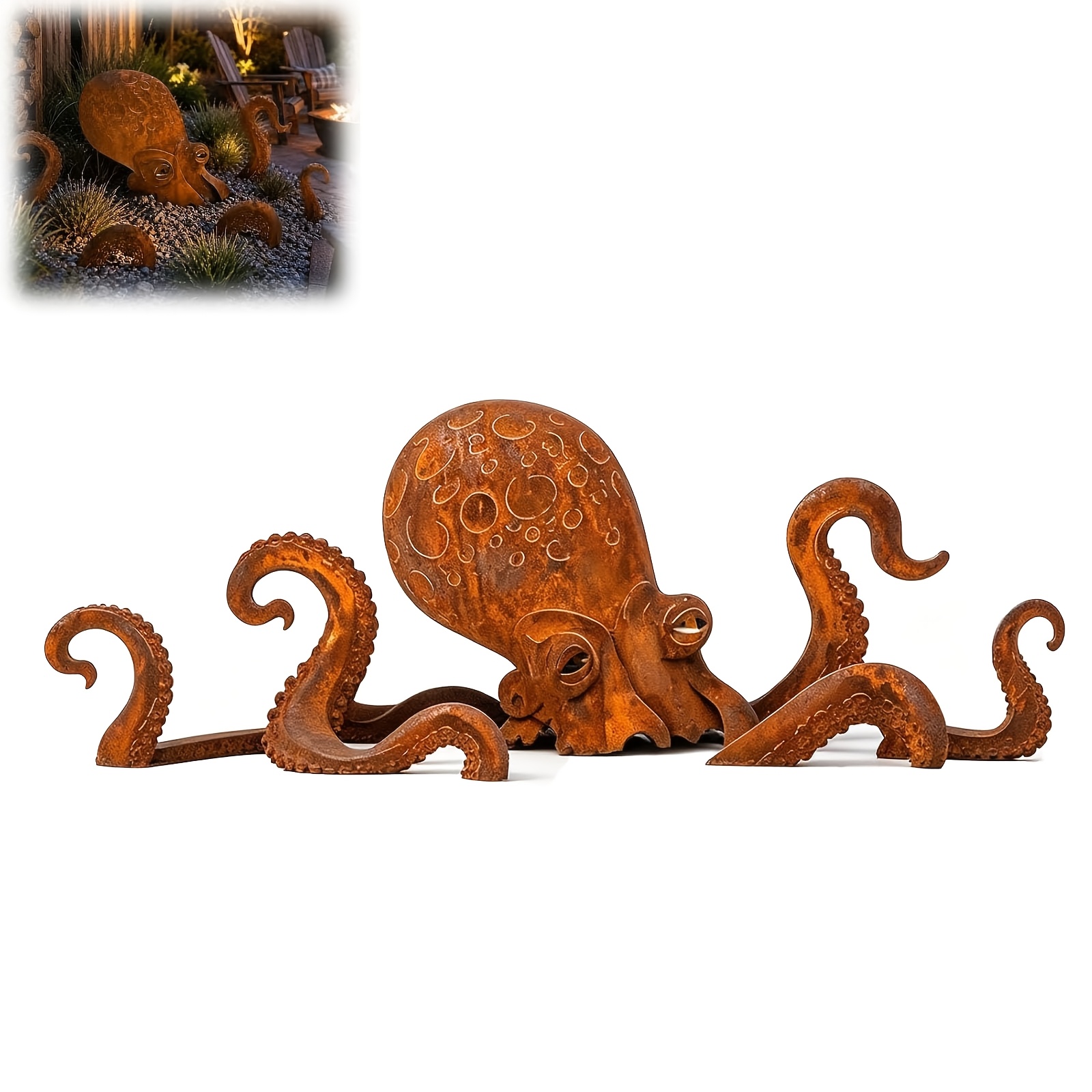 Rust Enormous Squid Garden Sculpture, Handmade Metal Statue For Outdoor Lawn, Patio, And Beach House Decor, Coastal Marine Animal Lawn Ornament